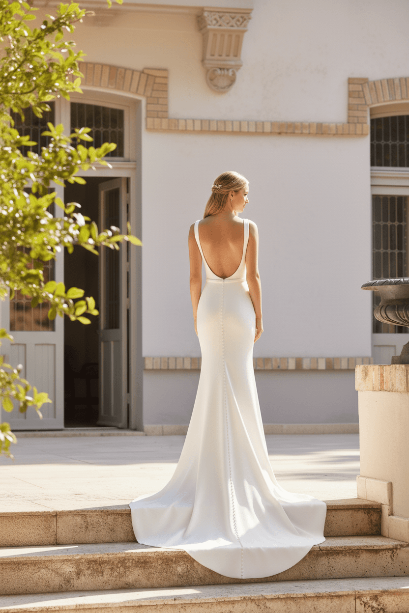 Vue de dos d'une robe de mariée minimaliste au dos nu plongeant