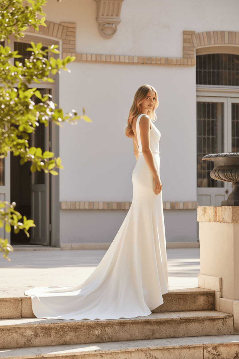 Vue de profil d'une robe de mariée fluide et élégante dos nu