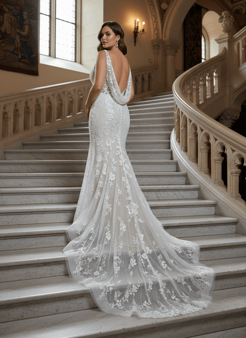 Vue de dos d'une robe de mariée sirène dos nu en dentelle