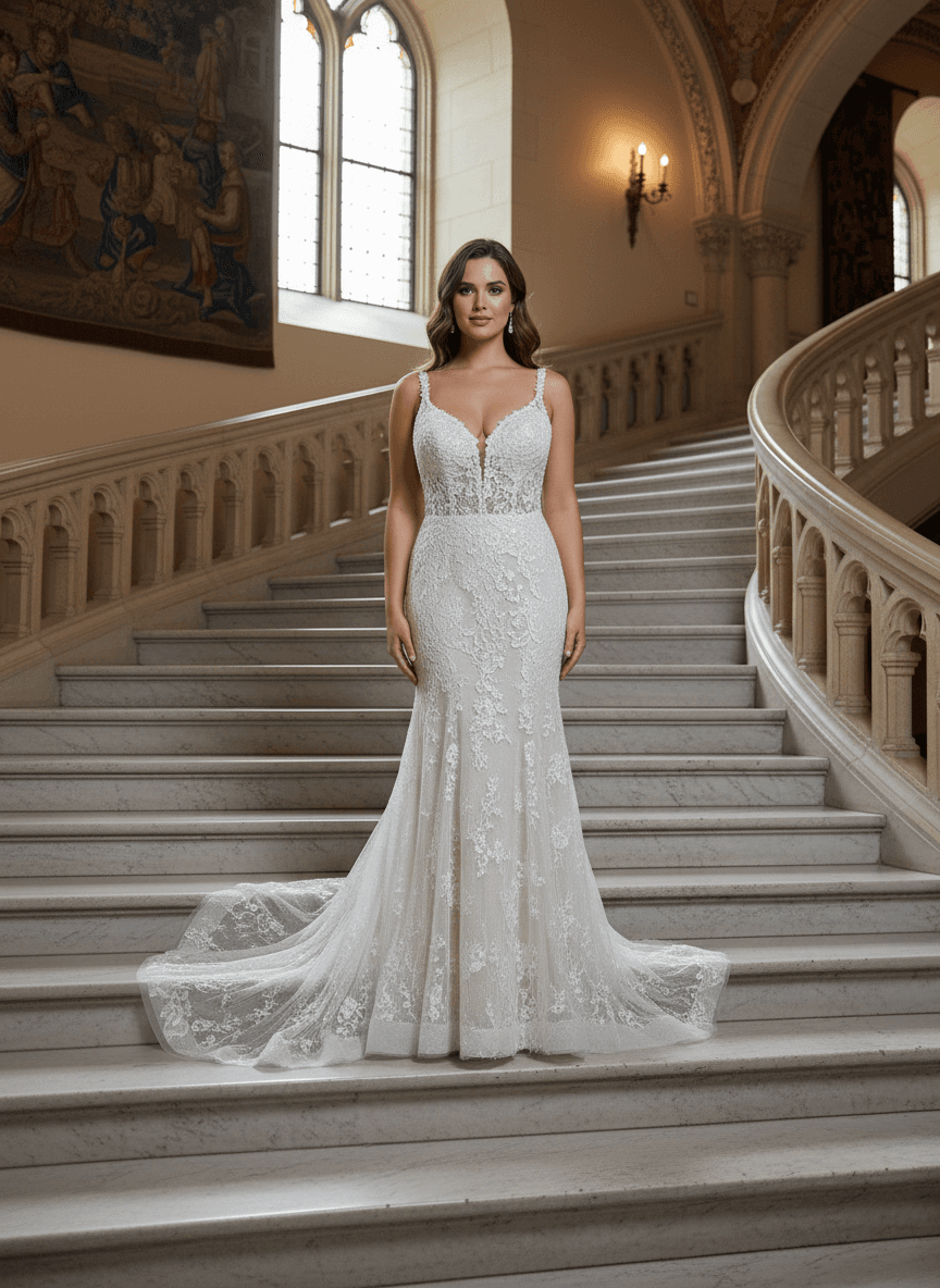 Vue de face d'une robe de mariée sirène élégante avec bustier en dentelle