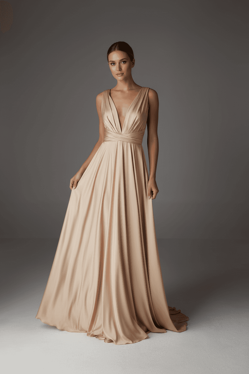 Vue de face d'une robe de mariée drapée fluide avec décolleté en V profond