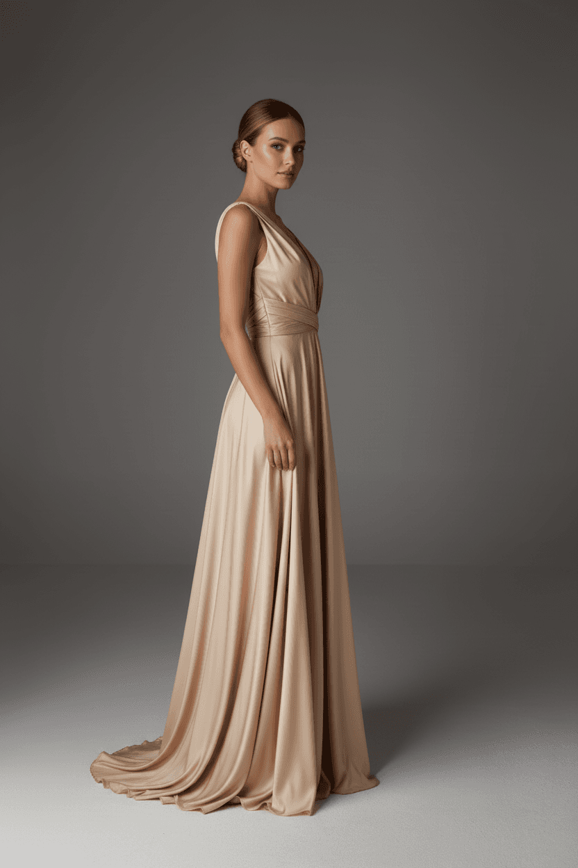 Vue de profil d'une robe fluide drapée élégante avec jupe longue