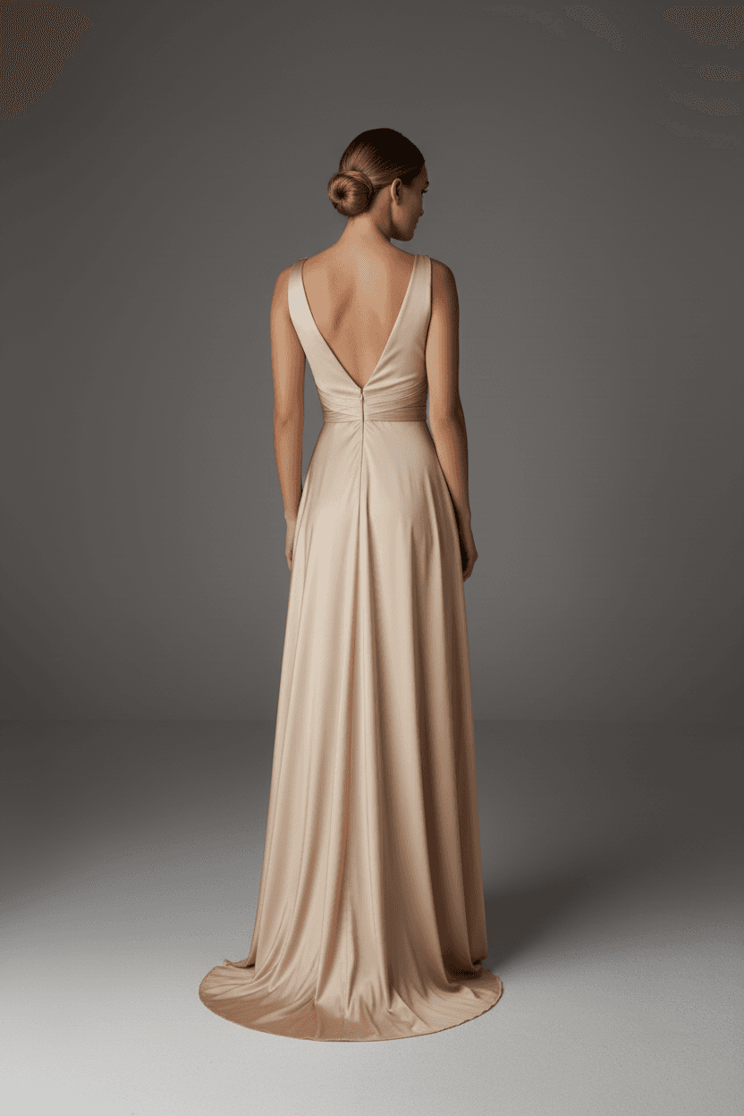 Vue de dos d'une robe de mariée drapée fluide avec dos plongeant