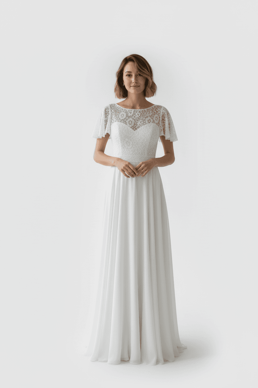 Vue de face d'une robe de mariée droite et fluide avec haut en dentelle