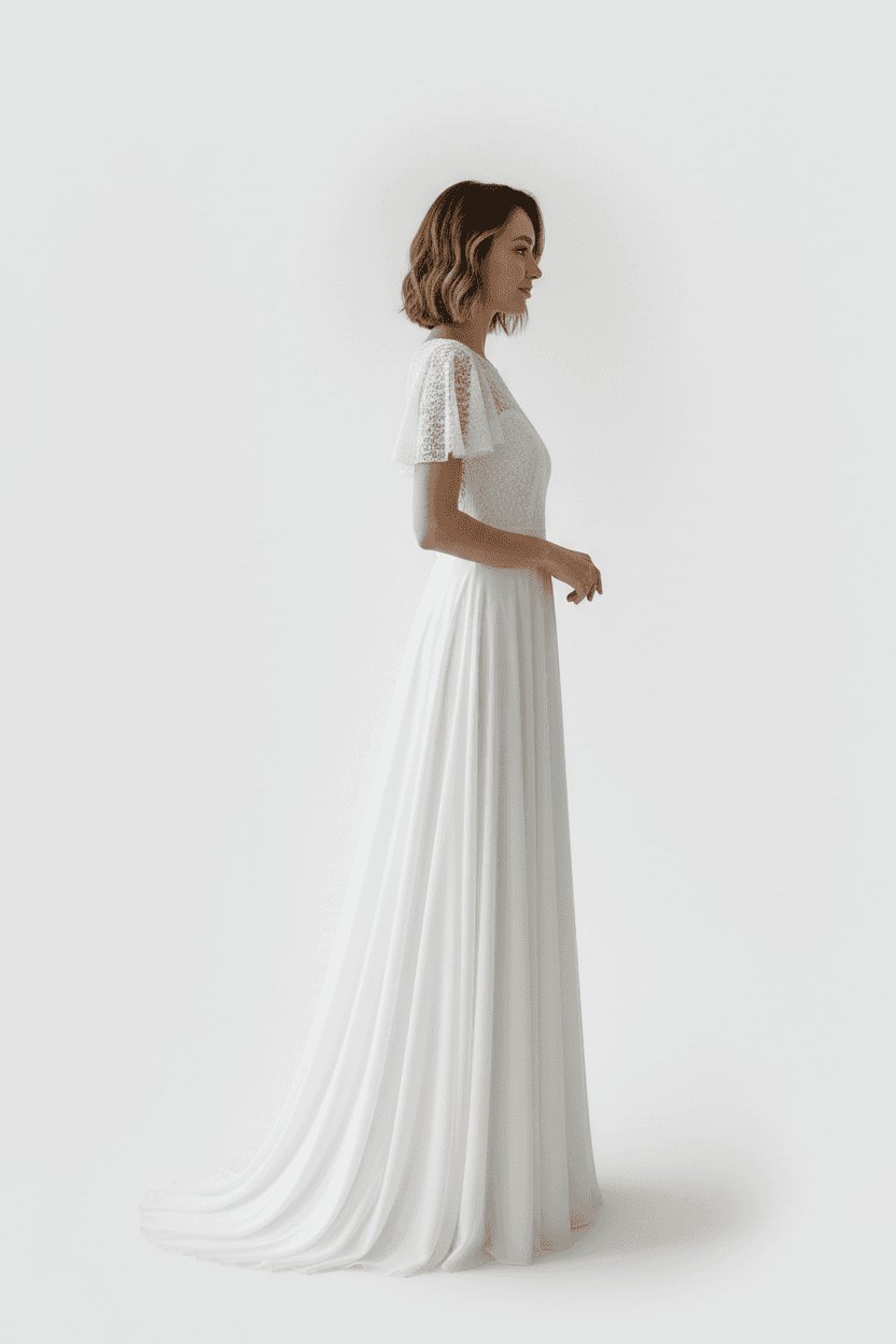 Vue de profil d'une robe de mariée fluide avec manches courtes en dentelle