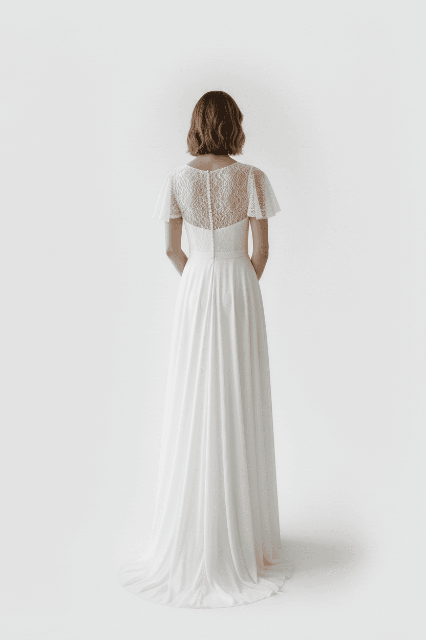 Vue de dos d'une robe fluide élégante avec dentelle et manches courtes