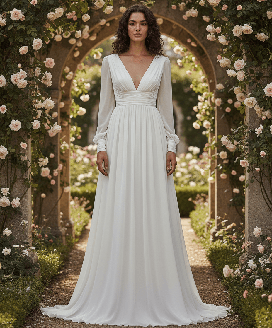 Vue de face d'une robe de mariée empire manches longues fluide