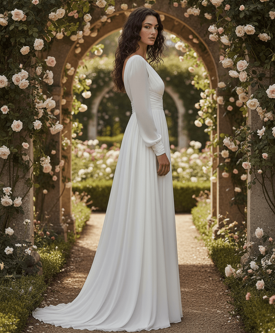 Vue de profil d'une robe de mariée empire avec manches transparentes