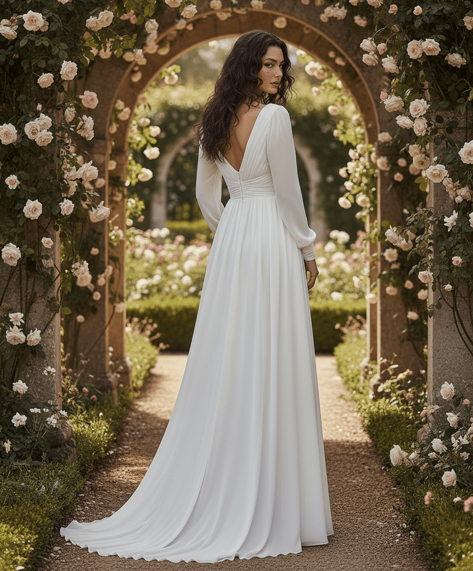 Vue de dos d'une robe de mariée empire décolleté V et manches longues