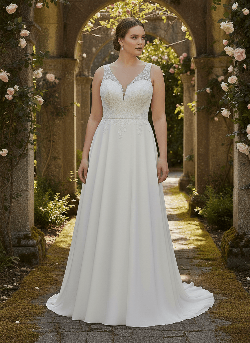 Mariée ronde en robe empire élégante avec décolleté en V