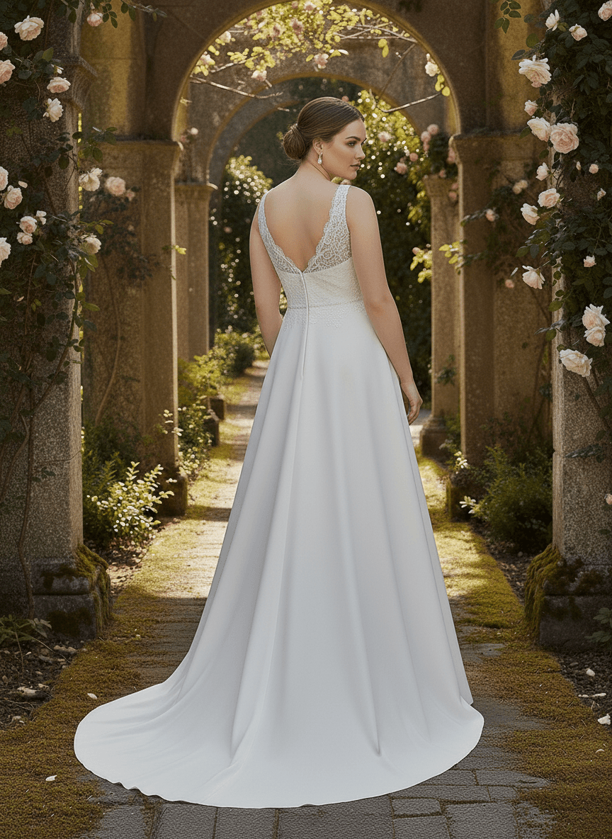 Vue arrière d'une robe de mariée empire femme ronde avec dos travaillé