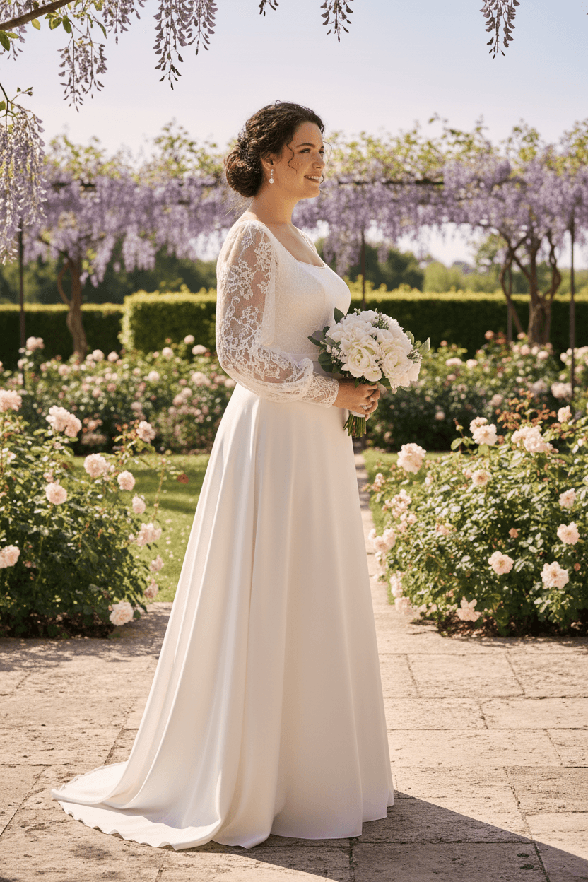 Vue de profil d'une robe empire grande taille fluide avec manches en dentelle