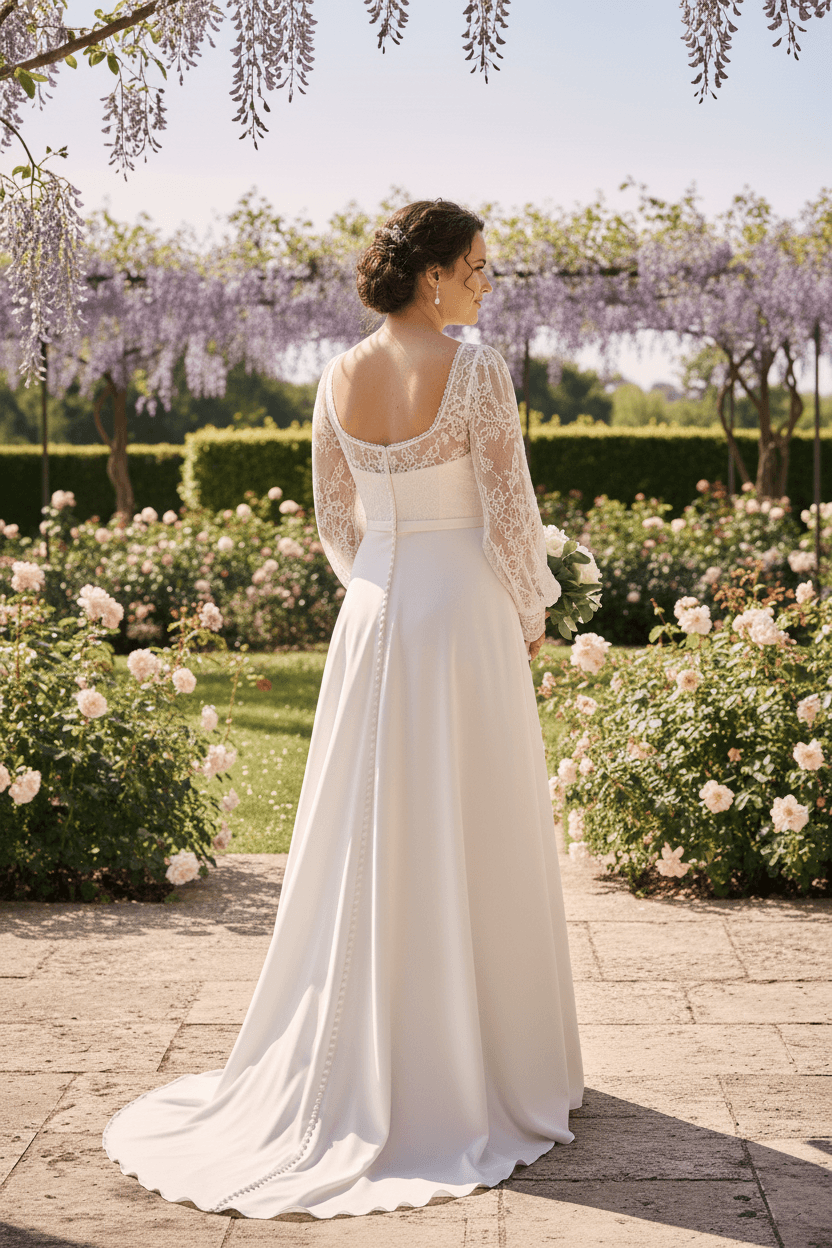 Vue de dos d'une robe de mariée empire grande taille avec boutons et traîne fluide