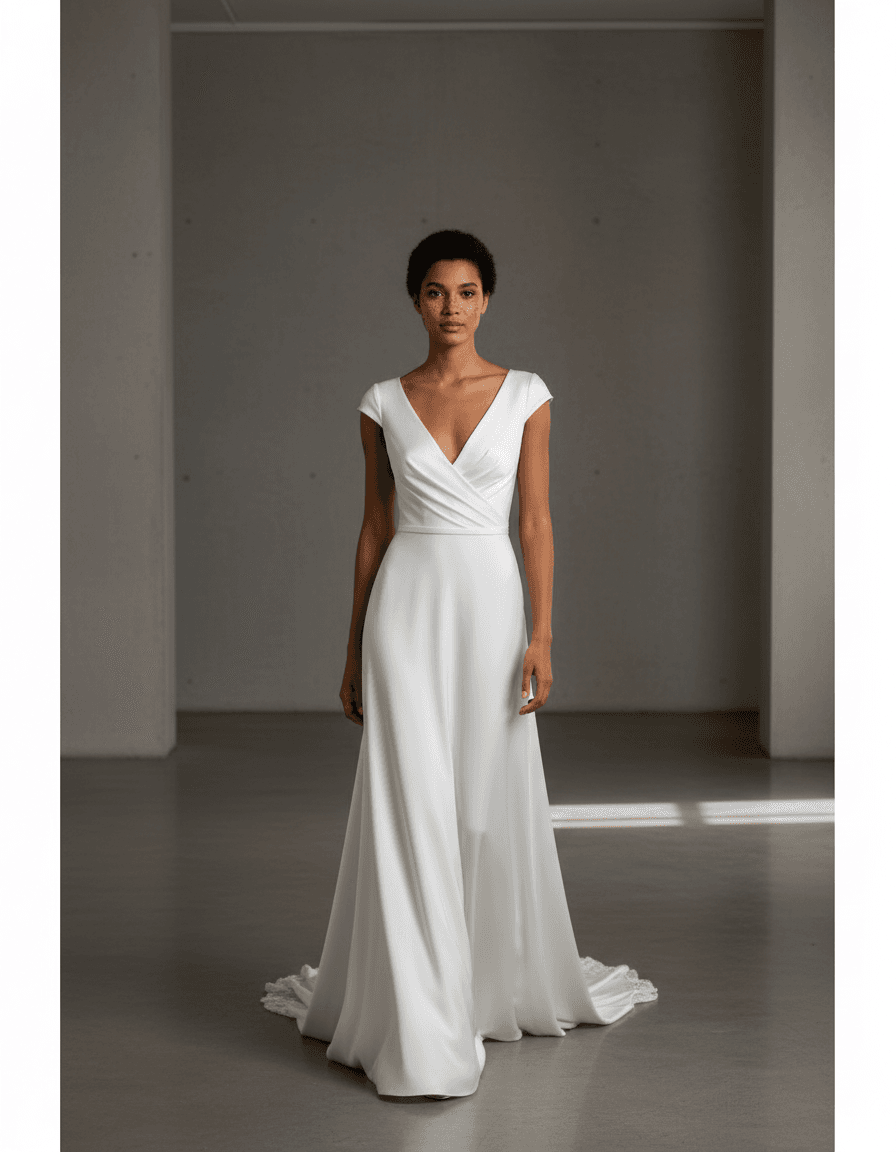 Vue de face d'une robe de mariée en crêpe de soie fluide avec décolleté drapé