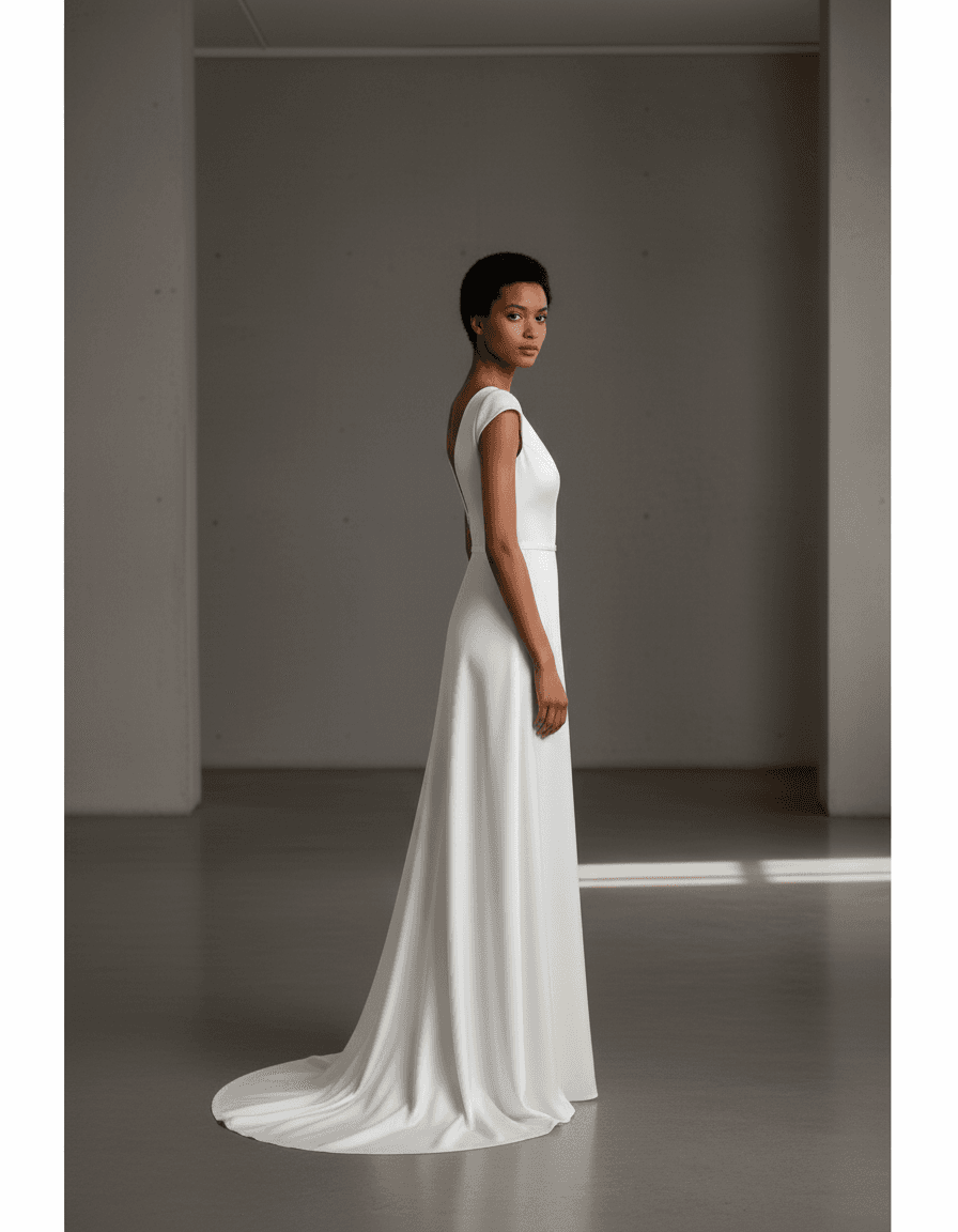 Vue de dos d'une robe de mariée en crêpe de soie avec décolleté en V et traîne discrète