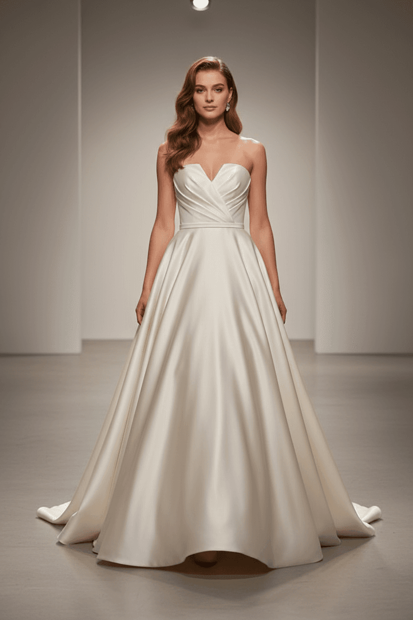 Vue de face d'une robe de mariée en mikado de soie bustier cœur avec jupe ample