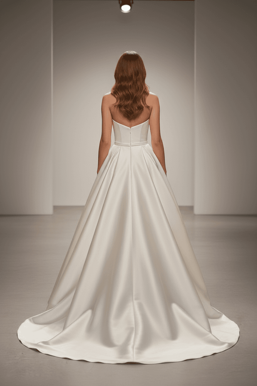 Vue de dos d'une robe de mariée en mikado de soie avec dos dégagé et longue traîne