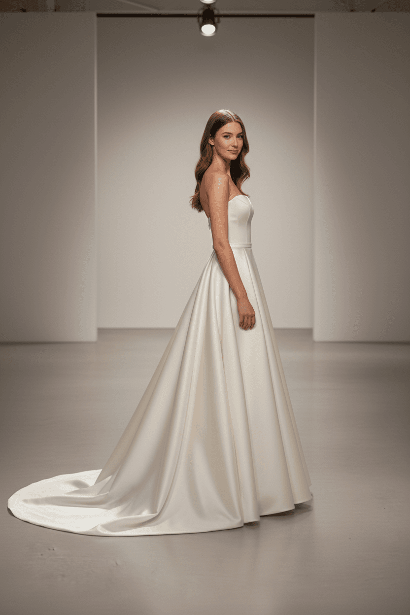 Profil d'une robe de mariée en mikado de soie majestueuse et structurée