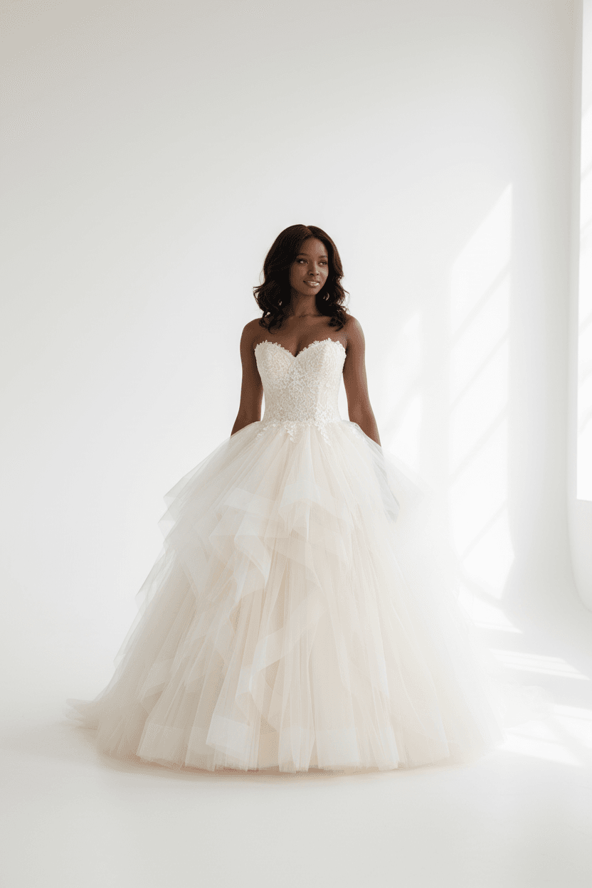 Vue de face d'une robe de mariée en mouchoir de tulle bustier volumineuse