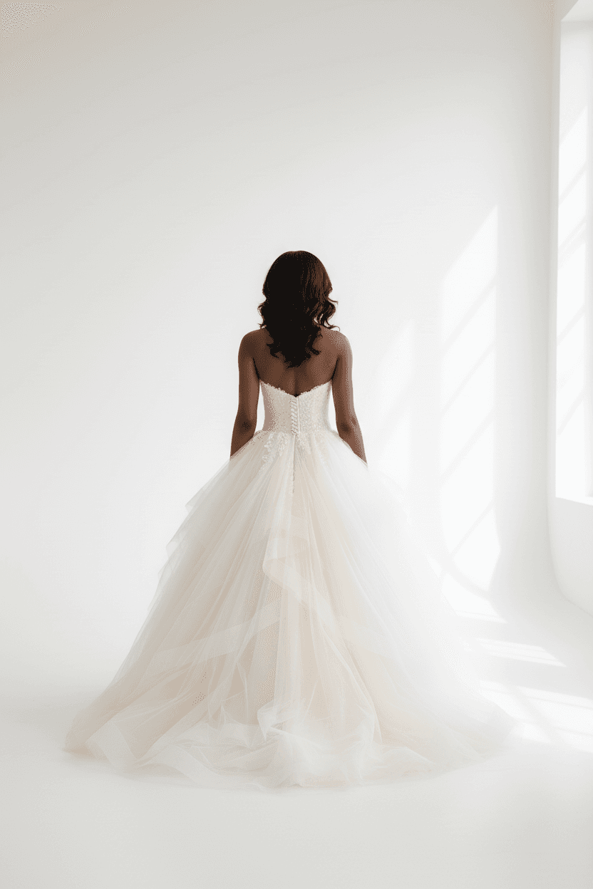 Vue de dos d'une robe de mariée en mouchoir de tulle avec longue traîne