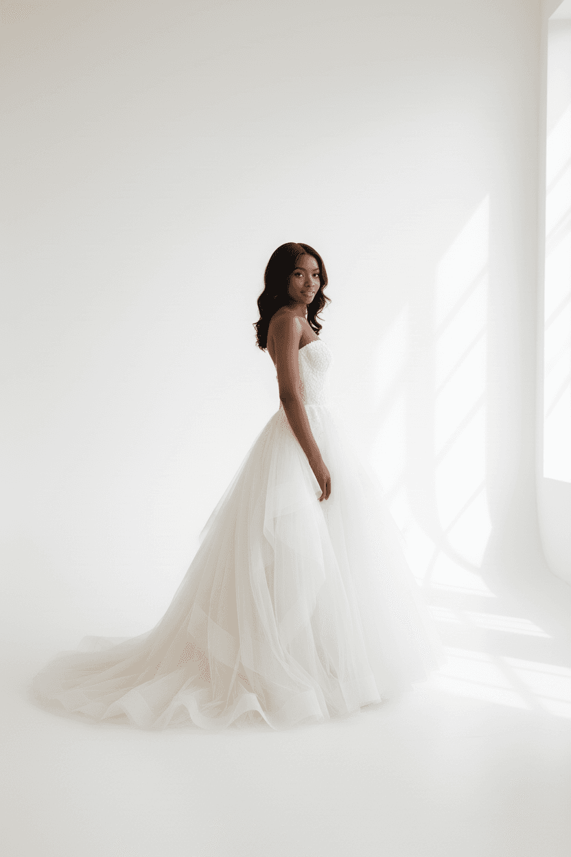 Profil d'une robe de mariée en mouchoir de tulle aérienne et élégante