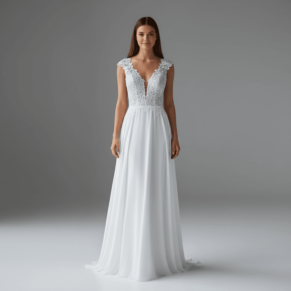 Vue de face d'une robe de mariée en mousseline de soie avec corsage en dentelle