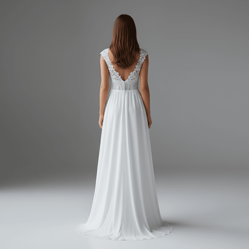 Vue de dos d'une robe de mariée en mousseline de soie avec décolleté plongeant