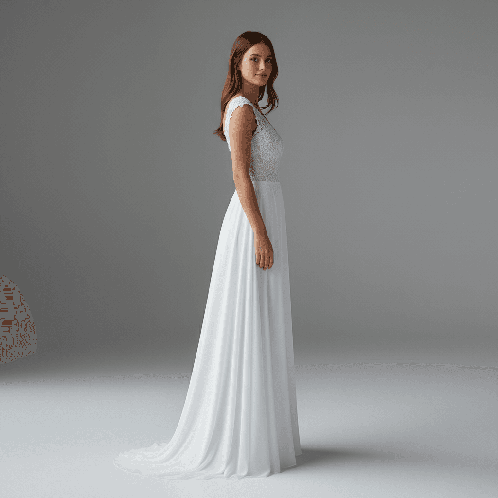 Profil d'une robe de mariée fluide en mousseline de soie