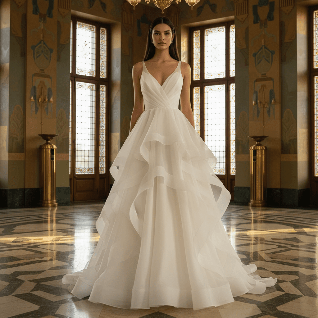 Vue de face d'une robe de mariée en organza à volants superposés et décolleté en V