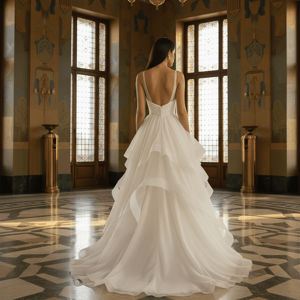 Vue de dos d'une robe de mariée en organza avec dos nu et traîne vaporeuse