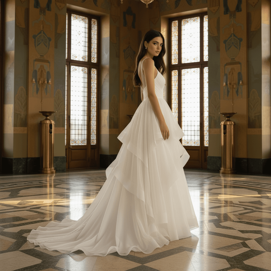 Profil d'une robe de mariée en organza fluide et aérienne