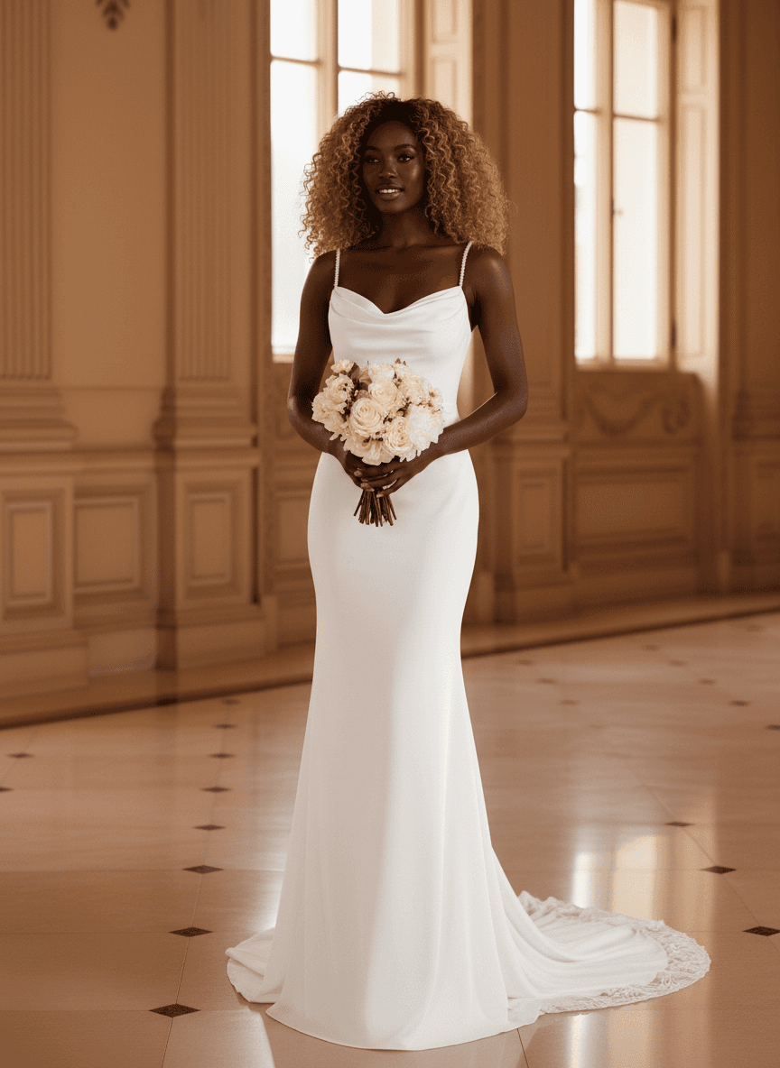Vue de face d'une robe de mariée en satin blanc avec décolleté drapé