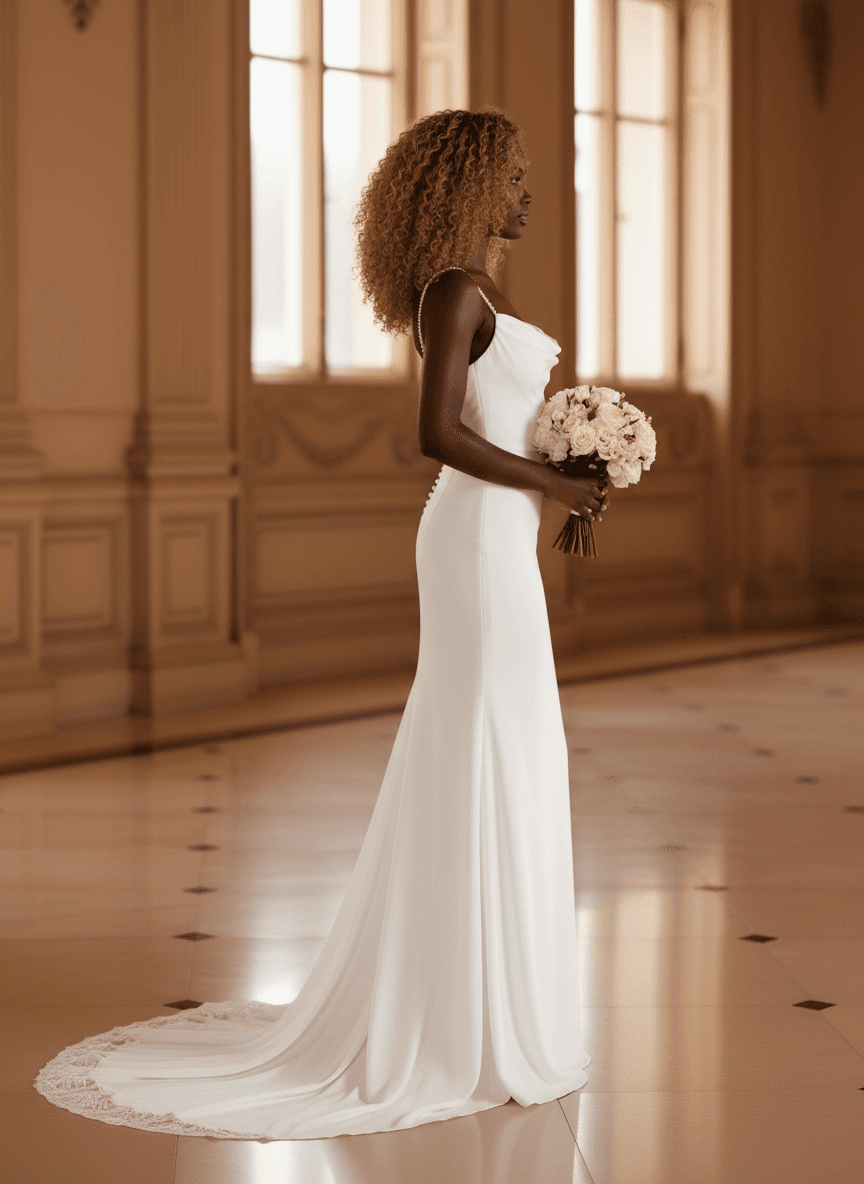 Vue de profil d'une robe de mariée en satin blanc avec traîne fluide