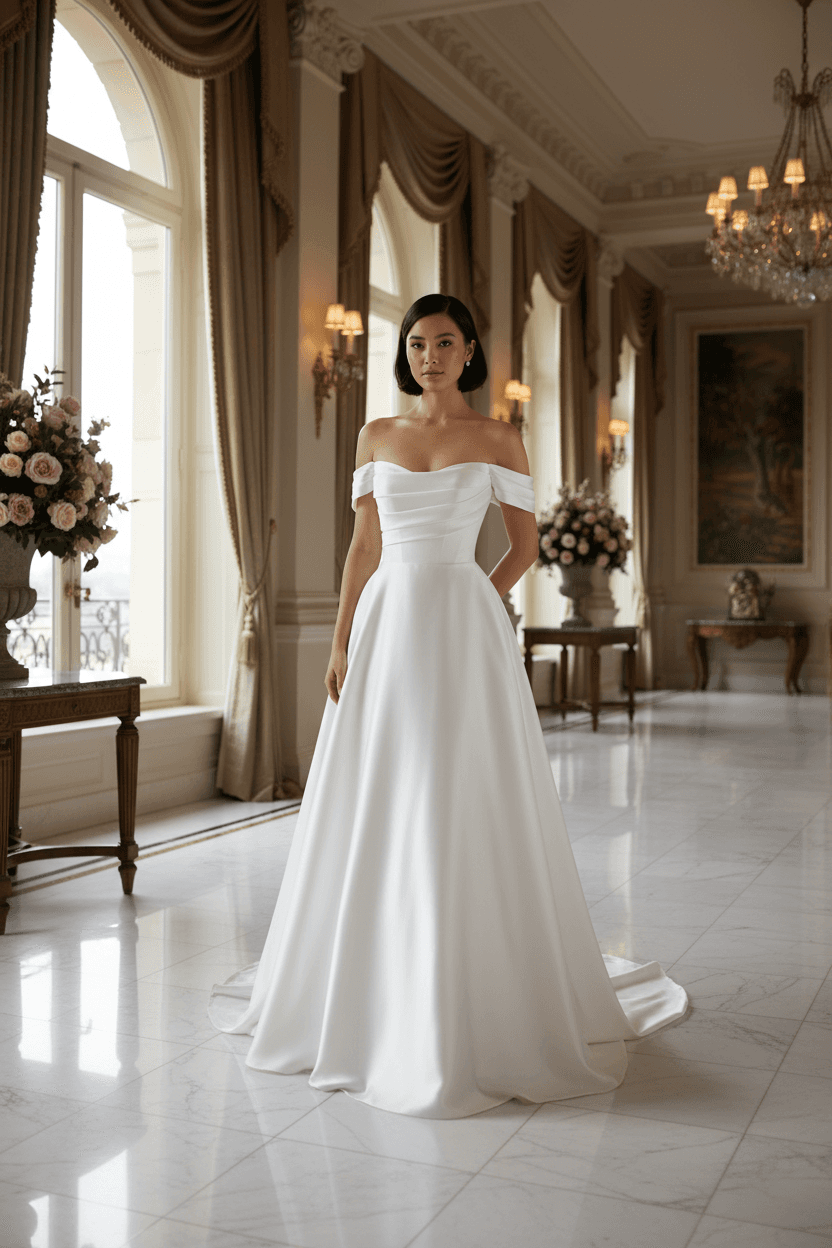 Vue de face d'une robe de mariée en satin de soie avec corsage décolleté