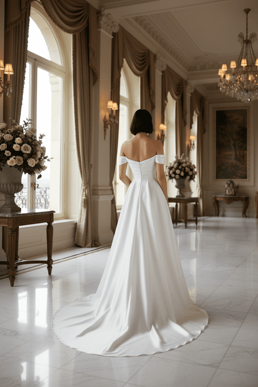 Vue de dos d'une robe de mariée en satin de soie fluide avec traîne