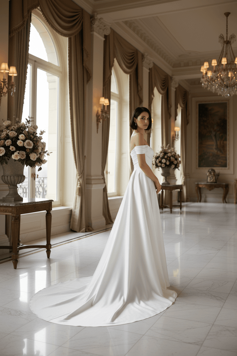 Profil d'une robe de mariée en satin de soie élégante et lumineuse
