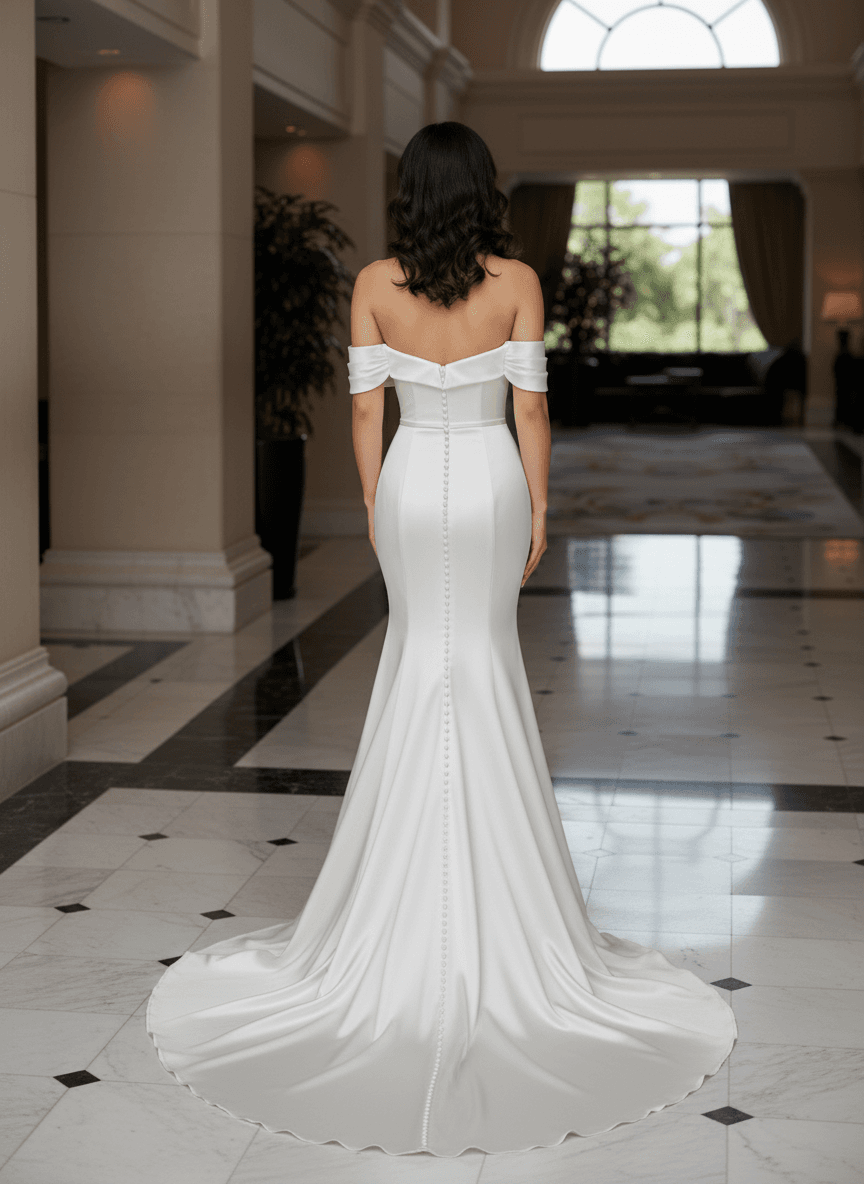 Vue de dos d'une robe de mariée en satin duchesse avec traîne ajustée