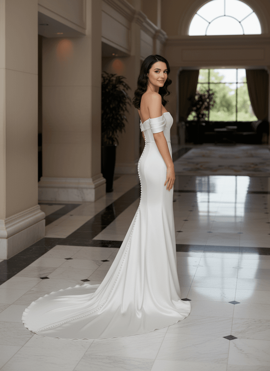 Profil d'une robe de mariée en satin duchesse élégante et fluide