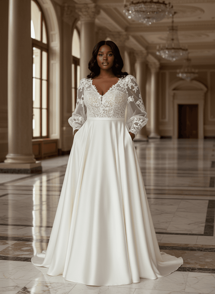 Vue de face d'une robe de mariée en satin et dentelle avec manches longues