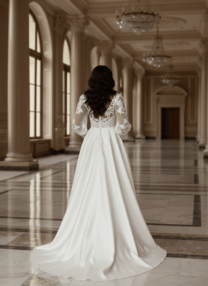 Vue de dos d'une robe de mariée en satin et dentelle avec dos ajouré