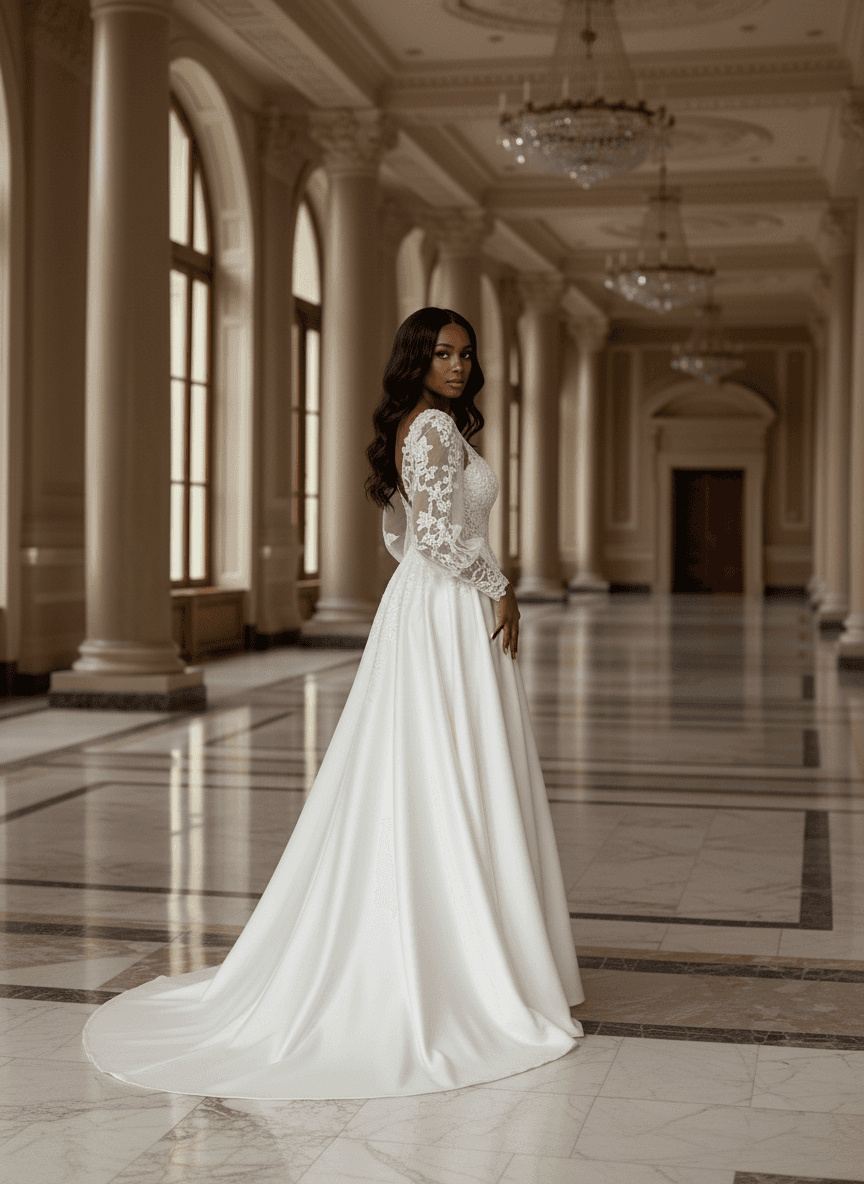 Profil d'une robe de mariée en satin et dentelle élégante et fluide