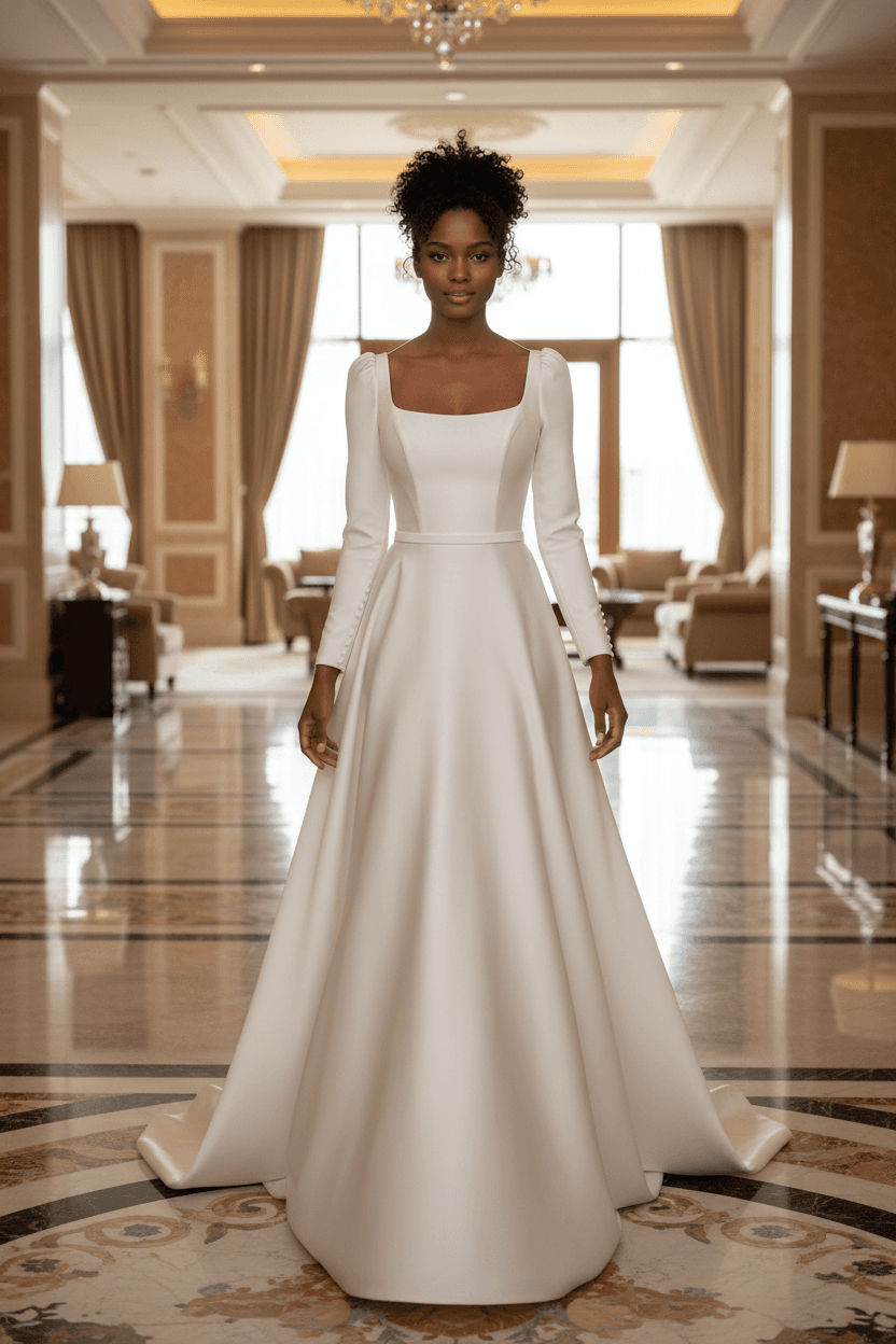 Vue de face d'une robe de mariée en satin manche longue avec décolleté carré