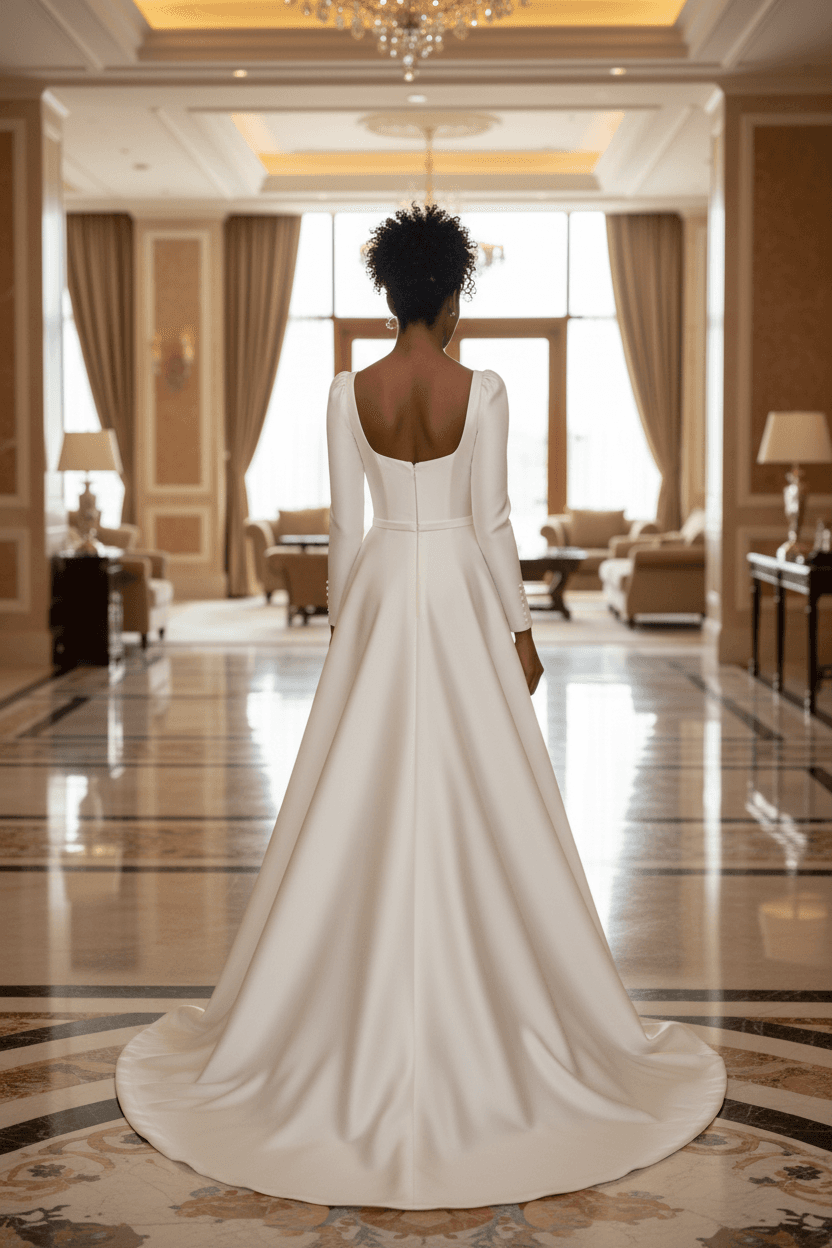 Vue de dos d'une robe de mariée en satin manche longue avec encolure dégagée