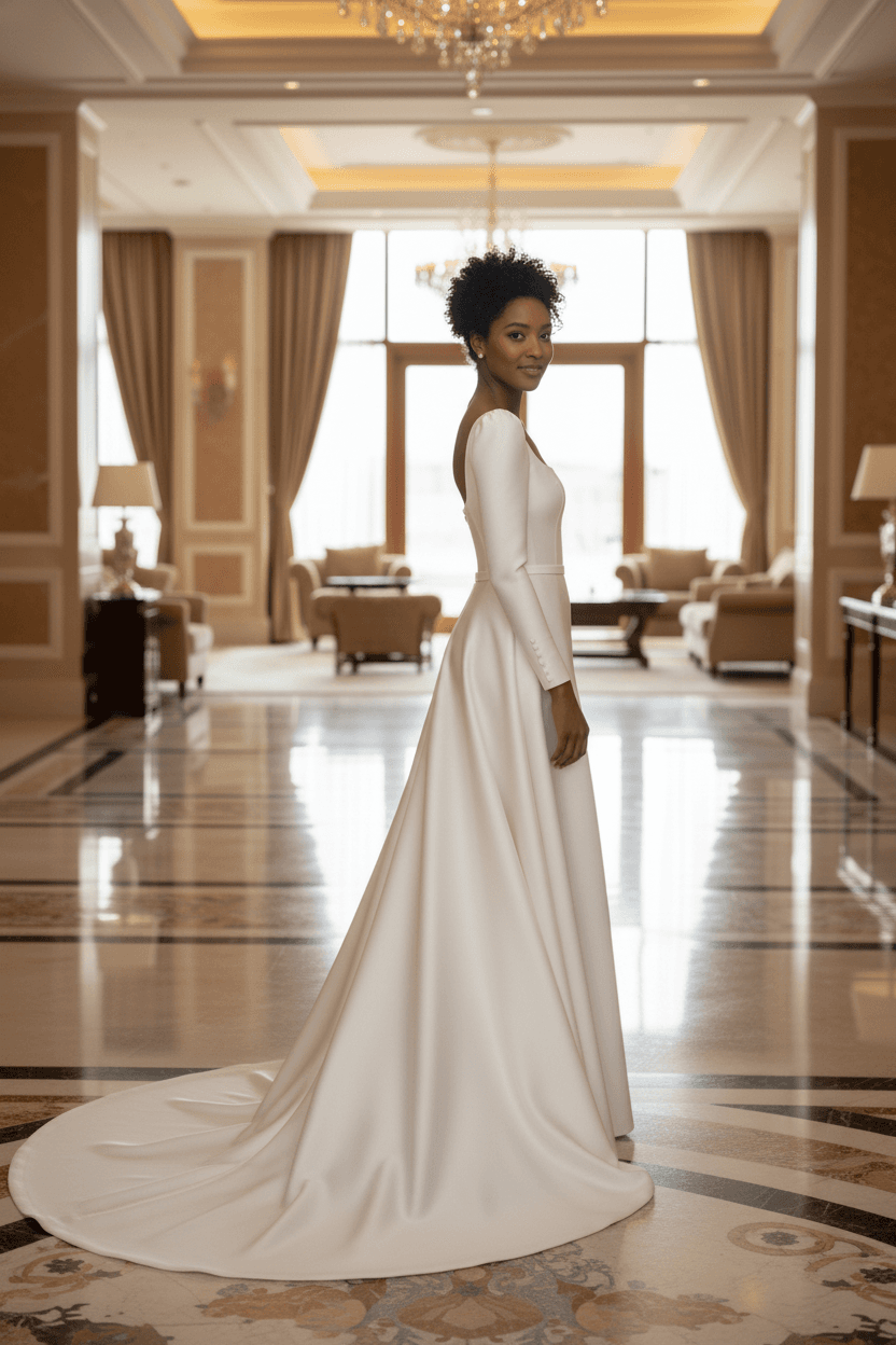 Profil d'une robe de mariée en satin manche longue fluide et élégante