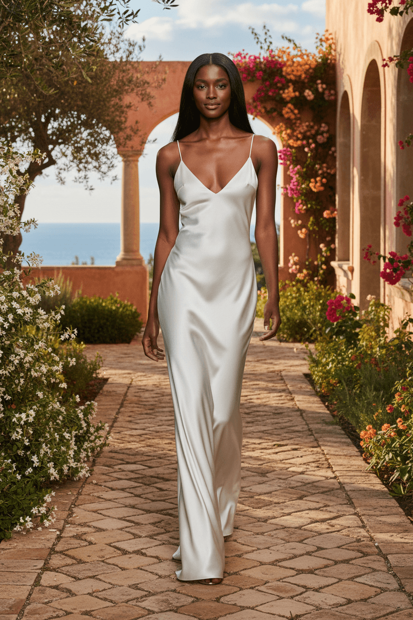 Vue de face d'une robe de mariée en soie simple avec décolleté en V