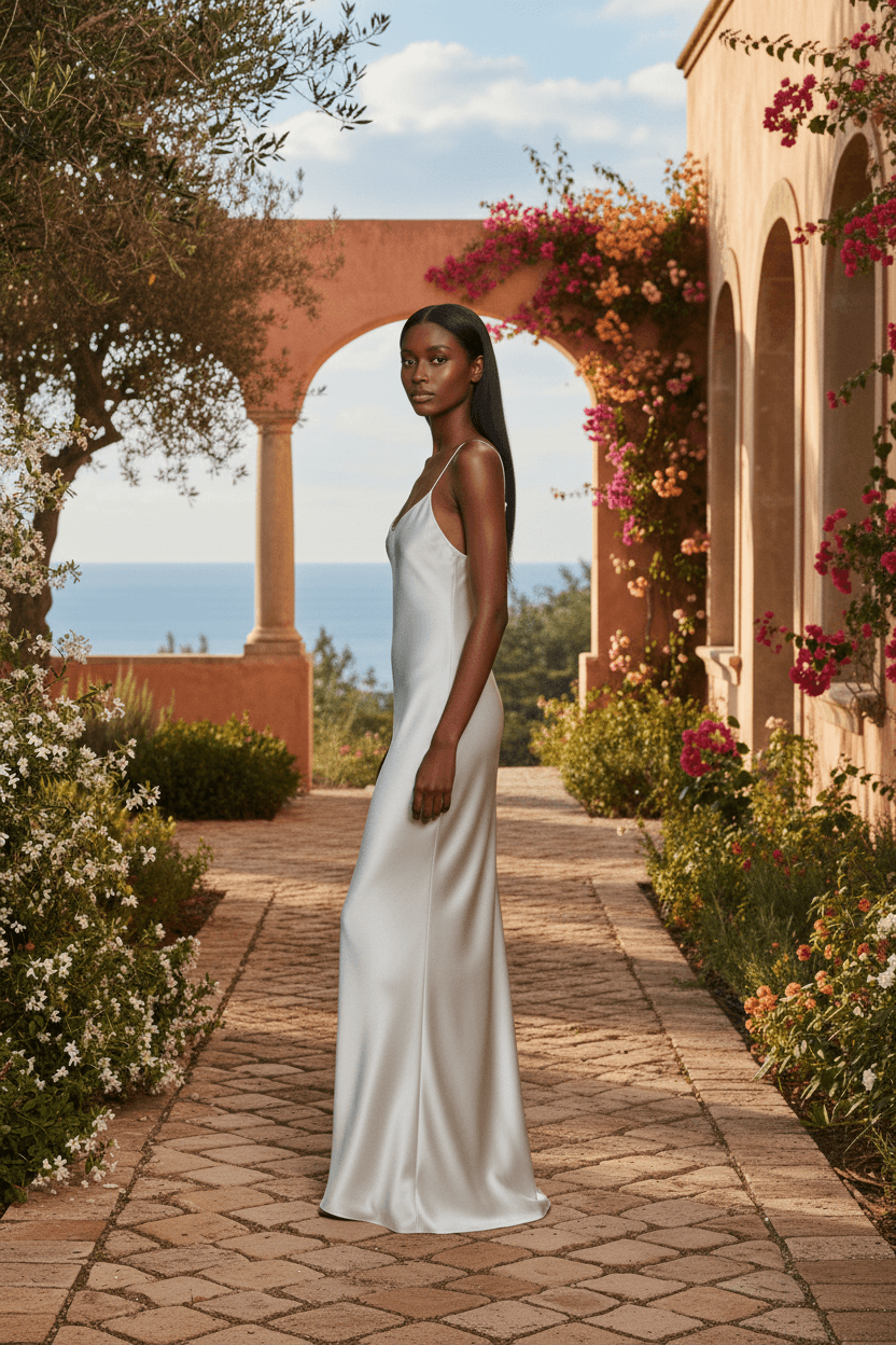 Profil d'une robe de mariée en soie élégante et épurée