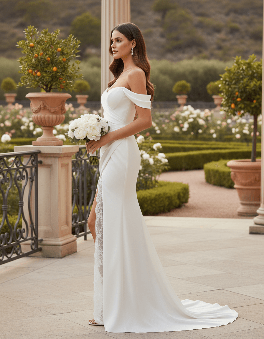 Vue de profil d'une robe de mariée fluide avec fente élégante et dentelle