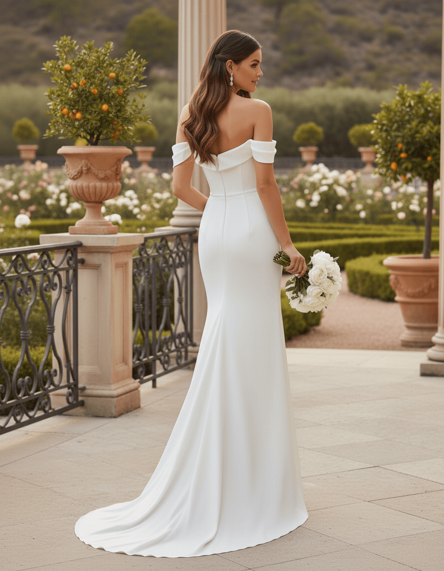 Vue de dos d'une robe de mariée blanche à épaules tombantes et traîne fluide