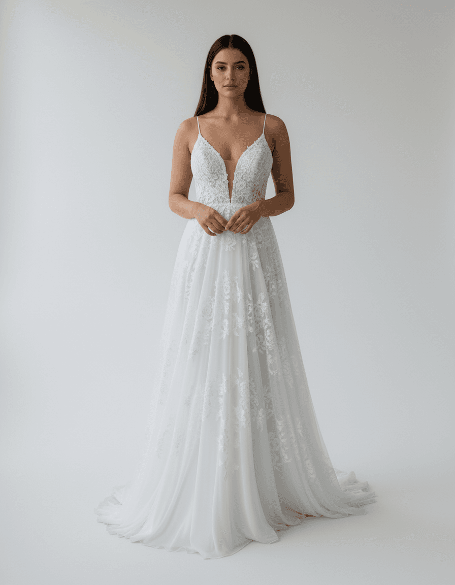 Vue de face d'une robe de mariée droite et fluide avec fines bretelles