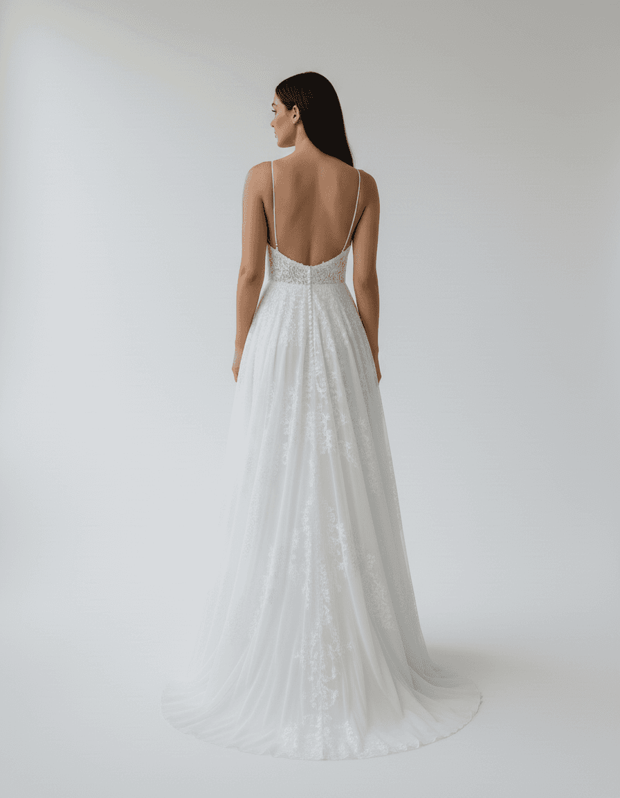 Vue de dos d'une robe de mariée fluide avec dos nu élégant